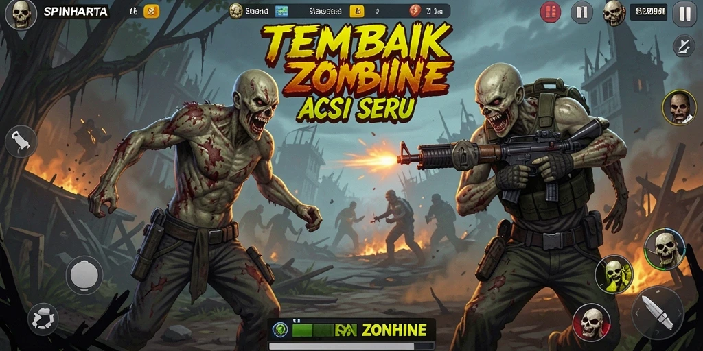 Antarmuka SPINHARTA menampilkan aksi tembak zombie yang seru dan dinamis.
